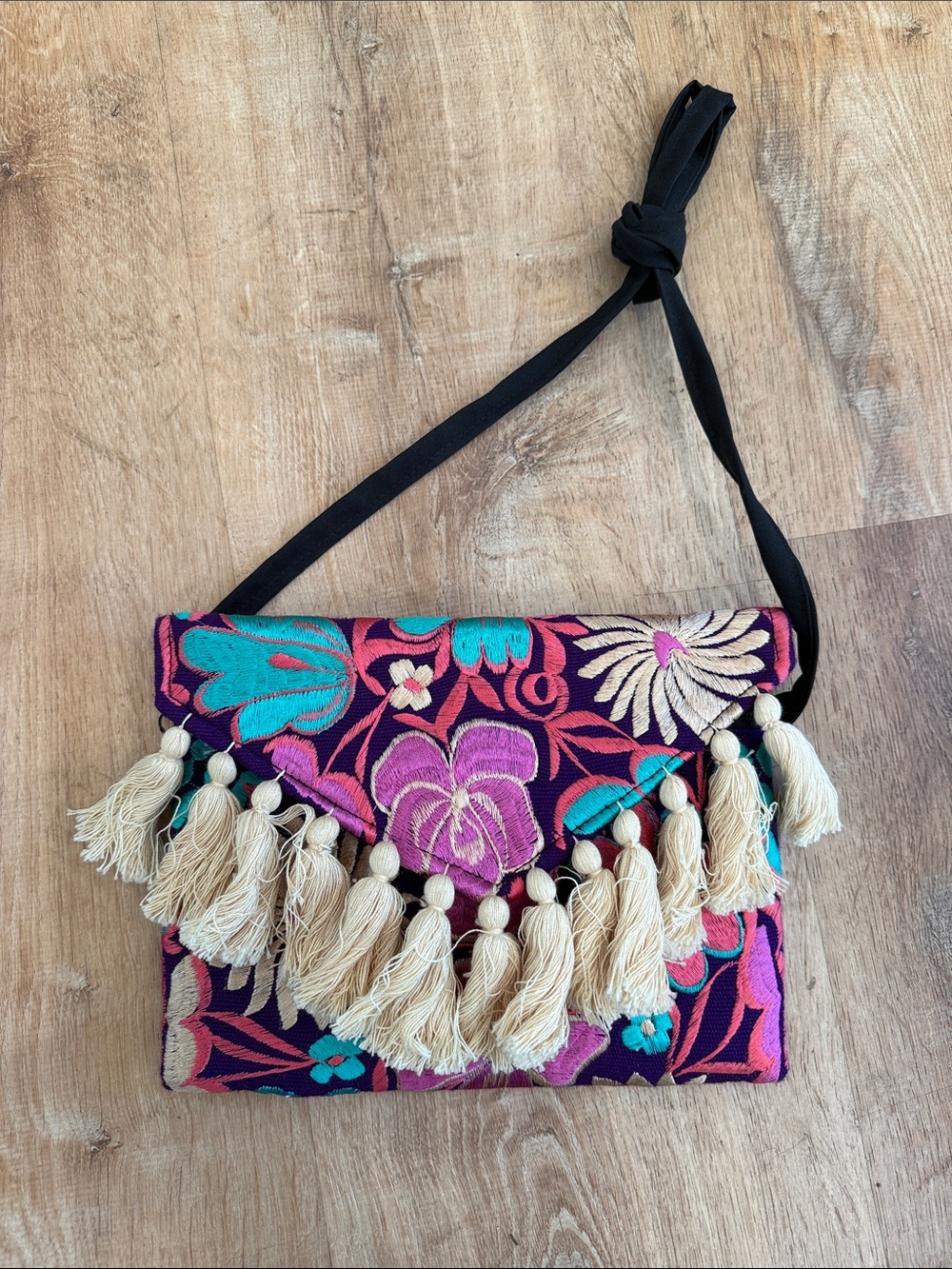 Embroidered Floral Tassel Crossbody Bag - Black & Multicolor